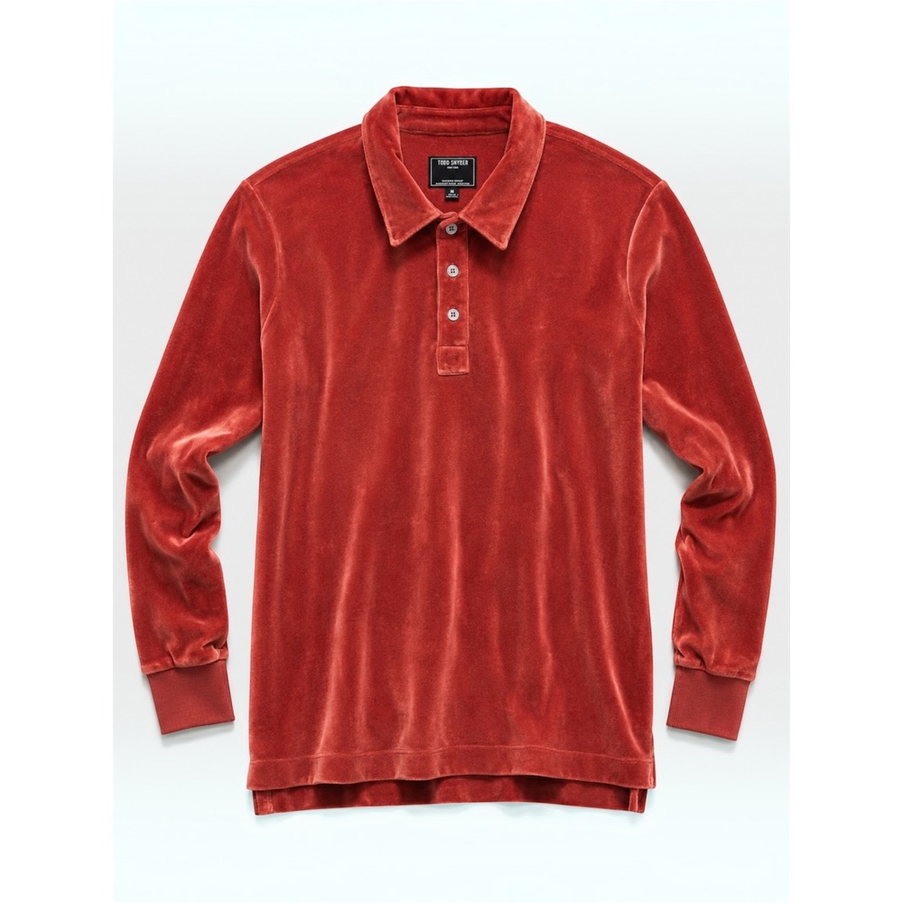 TODD SNYDER Railings Velour Velvet Long Sleeve Polo Shirt